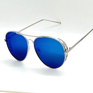 Aviator Sunglasses Blue Lens Silver Frame Fashion Eyewear UV400 Festival Wear‎